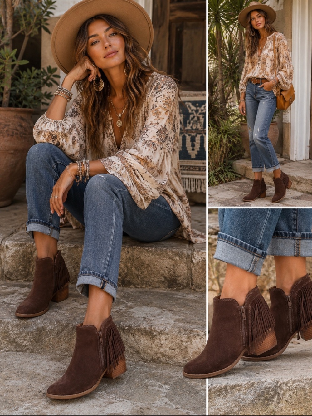 Lucky Brand Freedah Suede Fringe Western Boho Ankle Boots Sz 10